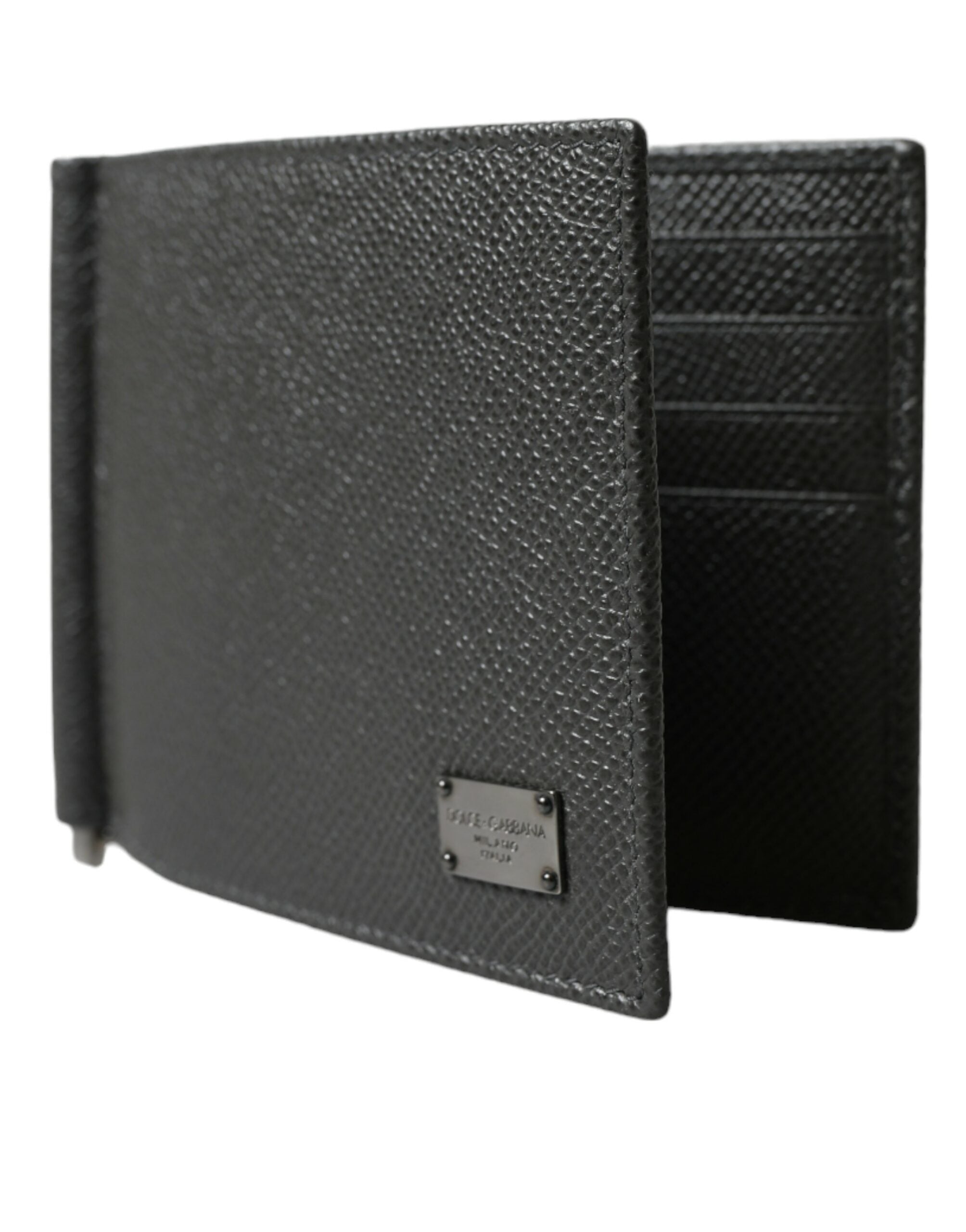 Dolce & Gabbana Gray Calf Leather Bifold Logo Plaque Card Holder Wallet