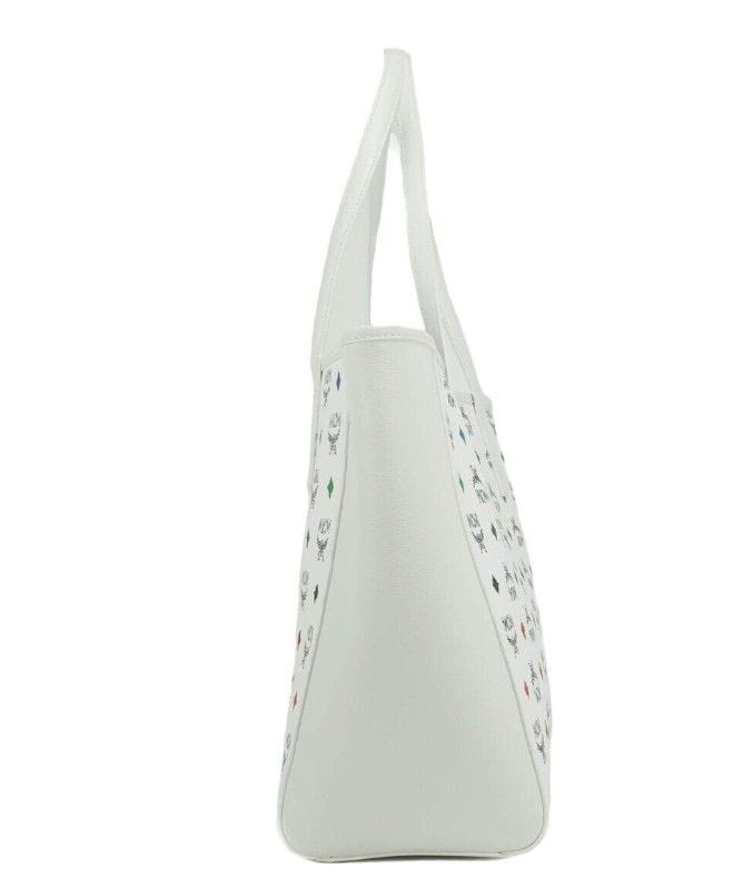 MCM Portuna Medium White Logo Visetos Tumbled Leather Multifunction Tote Handbag