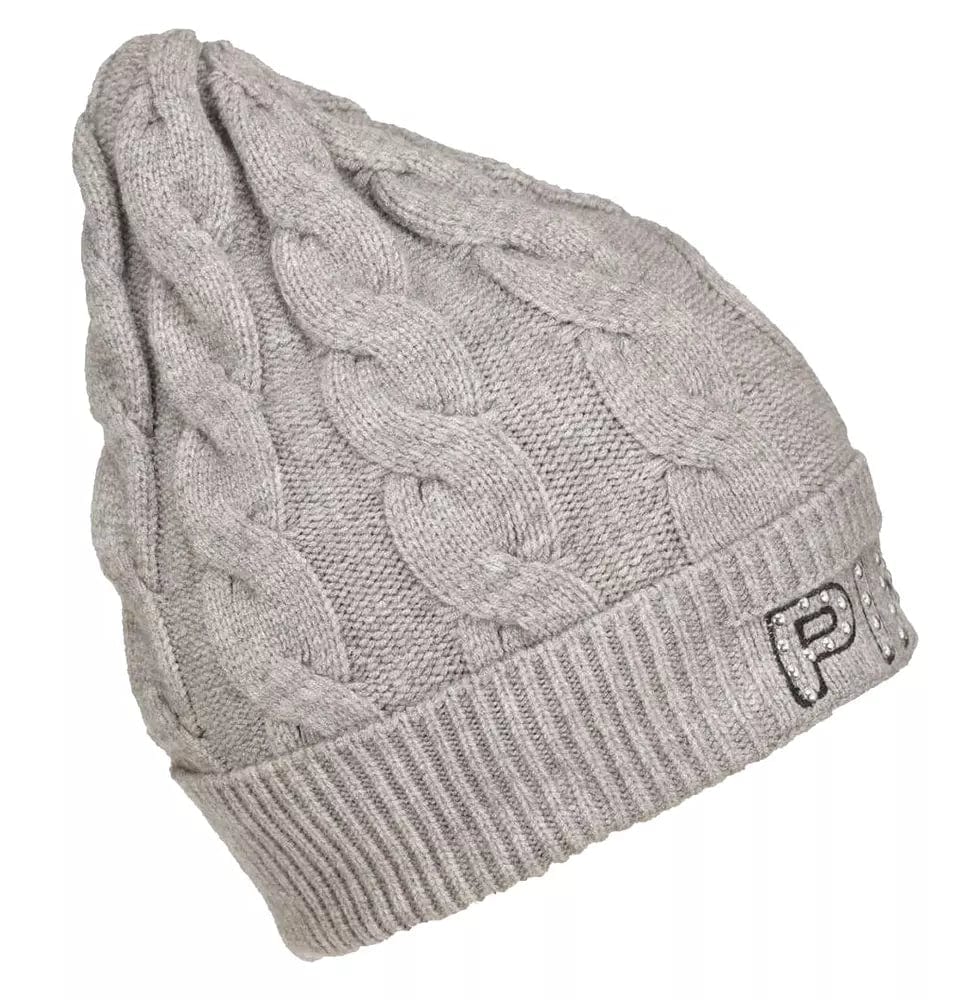 PINKO Chic Gray Braided Winter Beanie with Stud Detail