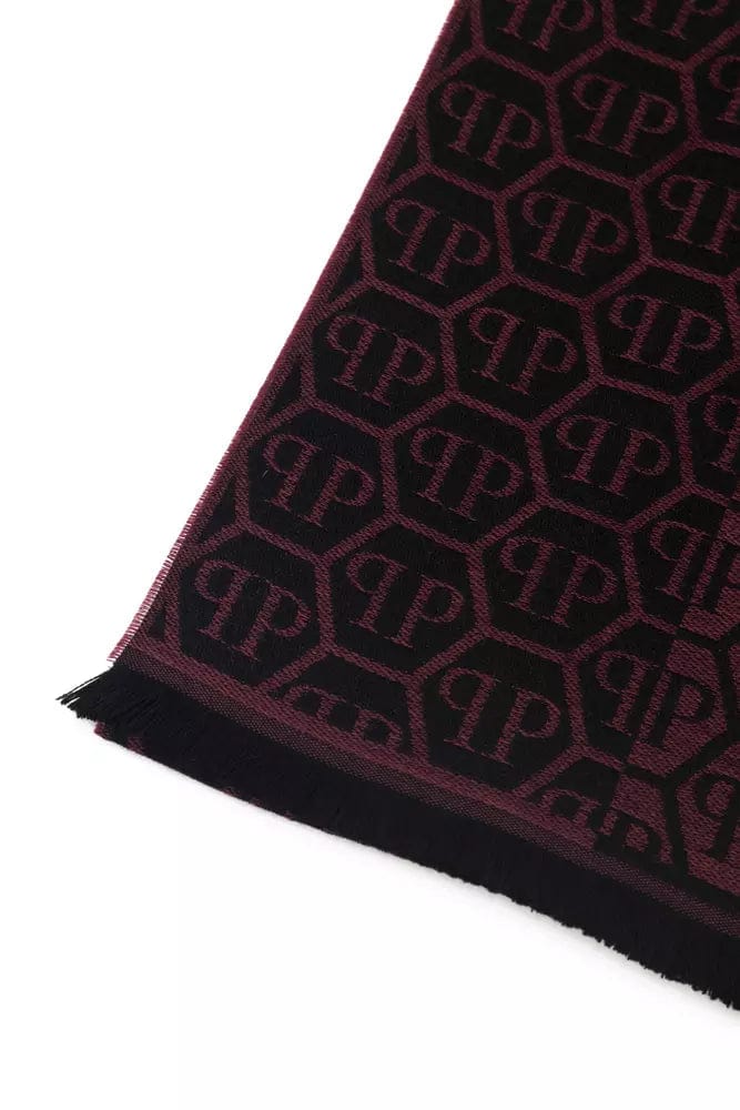 Philipp Plein Elegant Burgundy Monogram Fringe Scarf